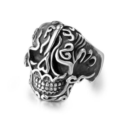 Vintage Titanium Steel Skull Ring For Men Gothic Punk Floral Pattern Oxidized Silver Color Distressed Biker Jewelry Finger Ring