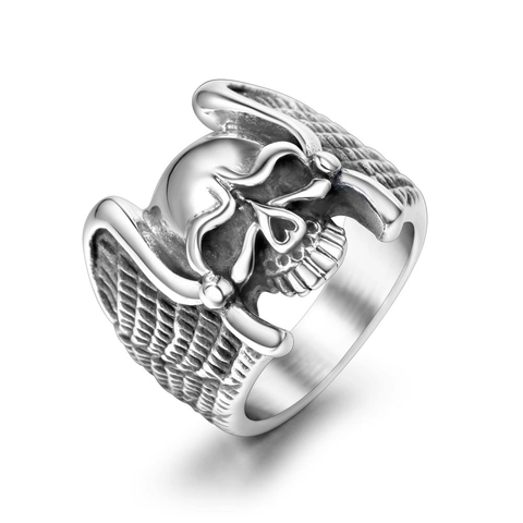 Vintage Punk Skull Wings Stainless Steel Ring For Men Gothic Biker Style Polished Oxidized Carved Finger Ring Jewelry Gift
