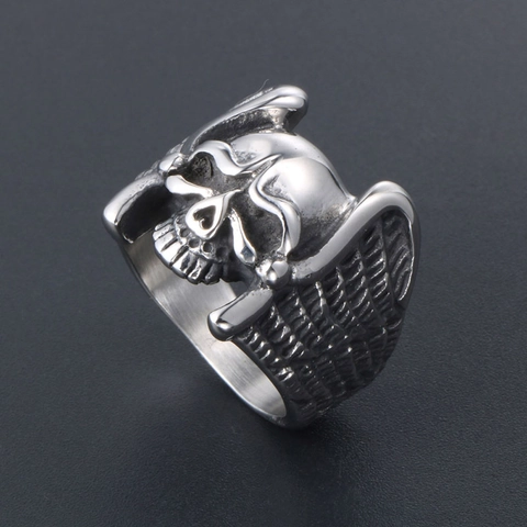 Vintage Punk Skull Wings Stainless Steel Ring For Men Gothic Biker Style Polished Oxidized Carved Finger Ring Jewelry Gift
