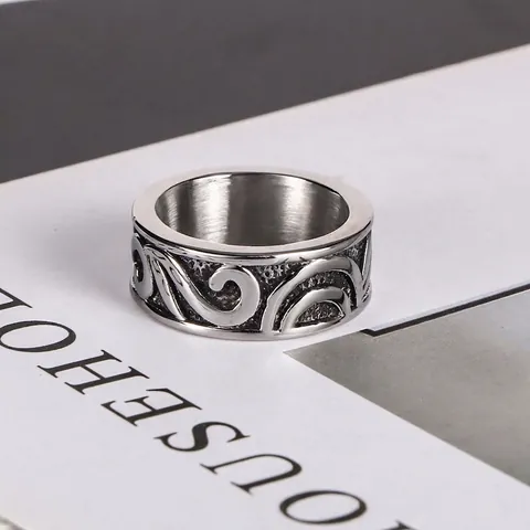 Vintage Titanium Steel Ring For Men Retro Minimalist Wave Pattern Embossed Band Ring Fashion Punk Style Jewelry