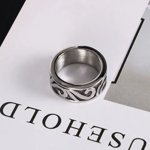Vintage Titanium Steel Ring For Men Retro Minimalist Wave Pattern Embossed Band Ring Fashion Punk Style Jewelry