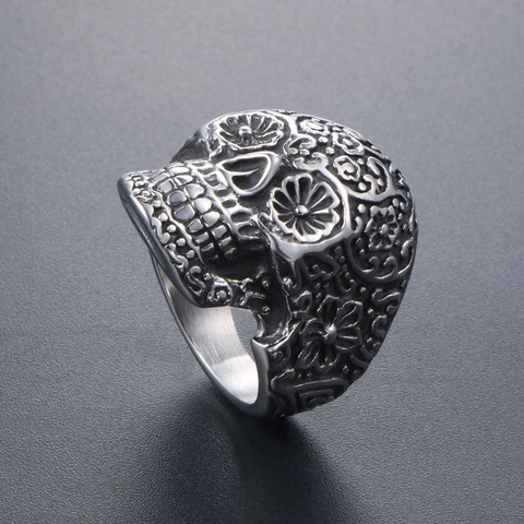 Anello Teschio in Acciaio Inossidabile Vintage Gotico Teschio di Zucchero Incisione Floreale Anello Punk Stile Messicano Gioielli da Biker per Uomo