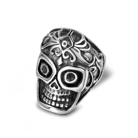 Vintage Stainless Steel Skull Ring For Men Gothic Punk Floral Carved Band Ring Polished Oxidized Fashion Jewelry Gift