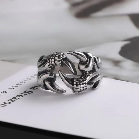 Vintage Drachenkrallen Ring Herren Gothik Punk Titanstahl Schmuck Retro Oxidiertes Silber Verstellbarer Offener Fingerring Geschenk