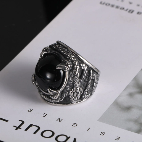 Anello da Uomo in Acciaio al Titanio con Artiglio di Drago Vintage con Grande Strass Rotondo Gotico Punk Retro Fascia con Trama a Scaglie di Drago Gioielli Regalo