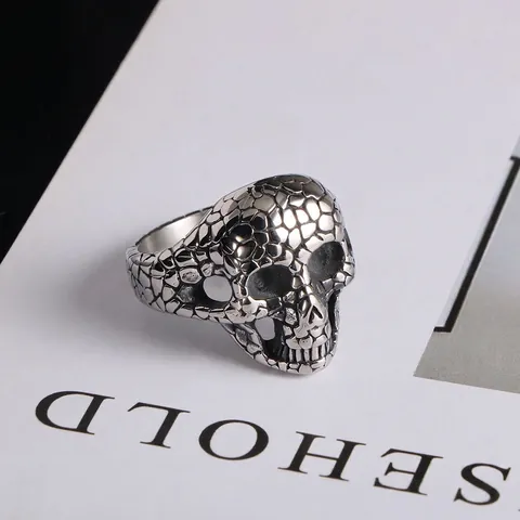 Vintage Titanstahl Totenkopf Ring Mit Rissiger Textur Antiksilber Punk Gothic Rock Biker Fingerring Schmuck Für Damen Herren