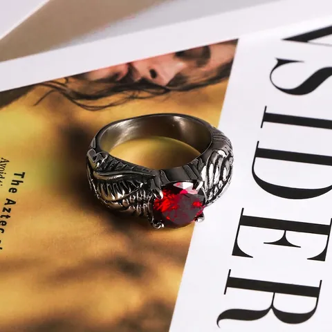 Vintage Punk Stainless Steel Wing Feather Ring For Men Women Large Red Round Rhinestone Inlaid Gothic Fashion Finger Ring