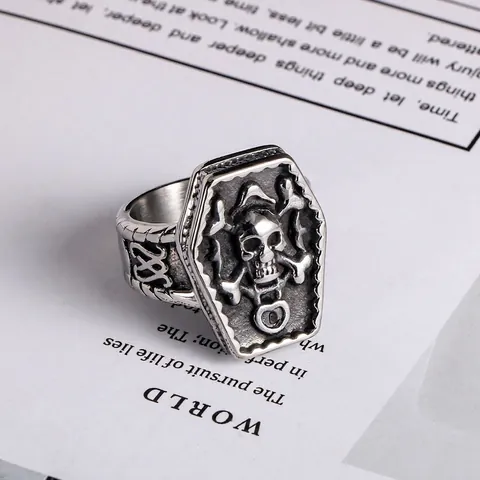 Vintage Gothic Coffin Skull Ring Men Titanium Steel Punk Rock Pirate Skull Crossbones Finger Ring Halloween Party Jewelry
