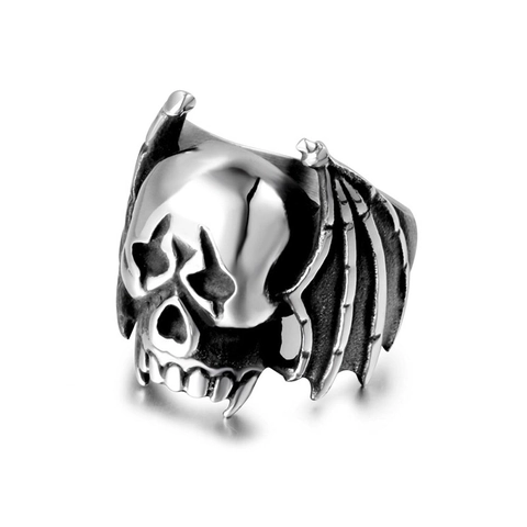 Vintage Gothic Fledermaus Totenkopf Flügel Ring Für Herren Titanstahl Retro Biker Punk Skelett Schmuck Altsilber Poliert Ring