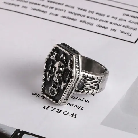 Vintage Gothic Coffin Skull Ring Men Titanium Steel Punk Rock Pirate Skull Crossbones Finger Ring Halloween Party Jewelry