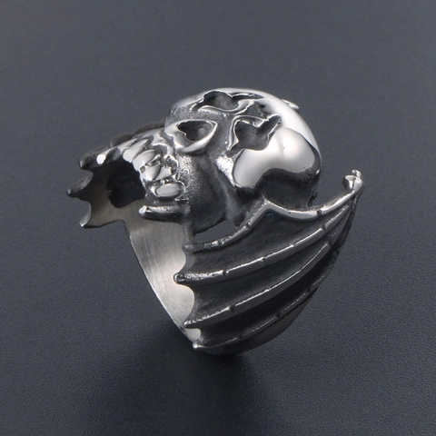 Vintage Gothic Fledermaus Totenkopf Flügel Ring Für Herren Titanstahl Retro Biker Punk Skelett Schmuck Altsilber Poliert Ring