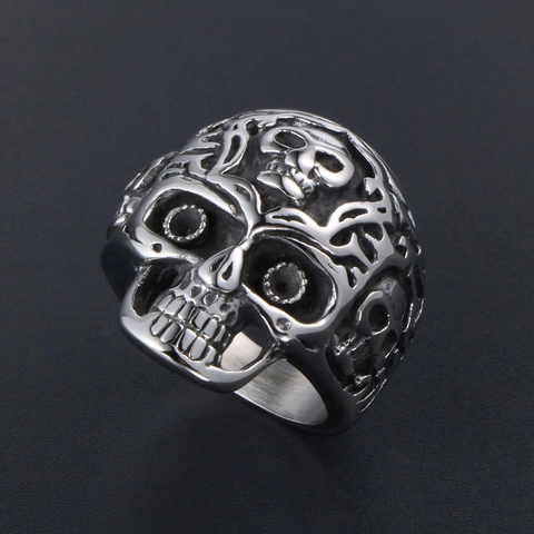 Anello Teschio in Acciaio al Titanio Vintage Uomo Gotico Punk Rock Hip Hop Colore Argento Scheletro Rilievo Gioielli Band Metallo