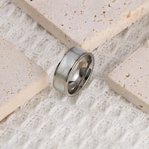 Fashion Titanium Steel Band Ring With Shell Mother Of Pearl Inlay Polish Minimalist Finger Ring For Men Women Jewelry Gift
