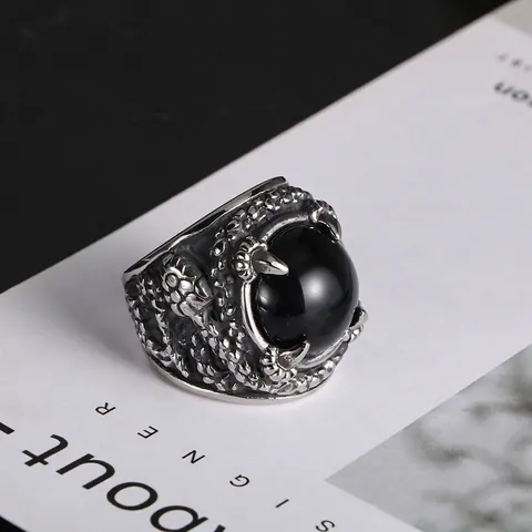 Anello da Uomo in Acciaio al Titanio con Artiglio di Drago Vintage con Grande Strass Rotondo Gotico Punk Retro Fascia con Trama a Scaglie di Drago Gioielli Regalo