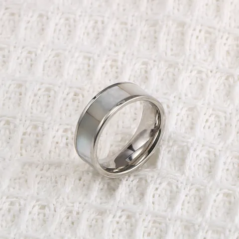 Fashion Titanium Steel Band Ring With Shell Mother Of Pearl Inlay Polish Minimalist Finger Ring For Men Women Jewelry Gift