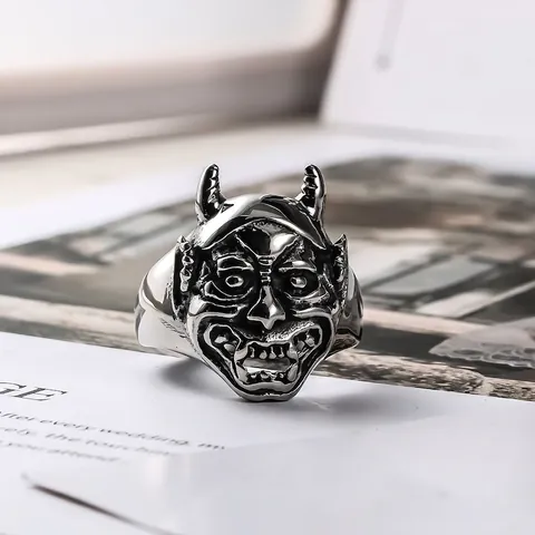 Retro Men Titanium Steel Ring Hannya Ghost Mask Bull Head Punk Gothic Polished Silver Finger Ring Vintage Biker Jewelry For Men