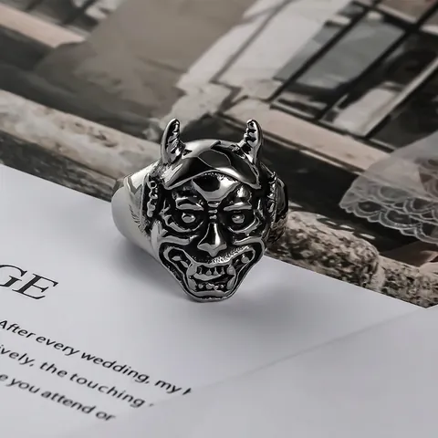 Retro Men Titanium Steel Ring Hannya Ghost Mask Bull Head Punk Gothic Polished Silver Finger Ring Vintage Biker Jewelry For Men