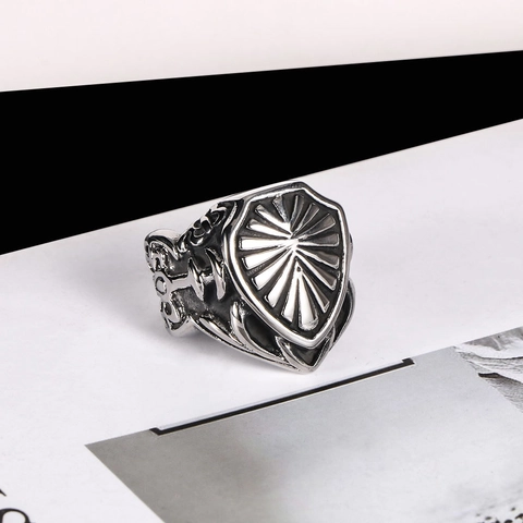 Vintage Herren Titanstahl Schild Ring Punk Gothic Strahlendes Muster Siegelring Verweerter Mode Schmuck Geschenk