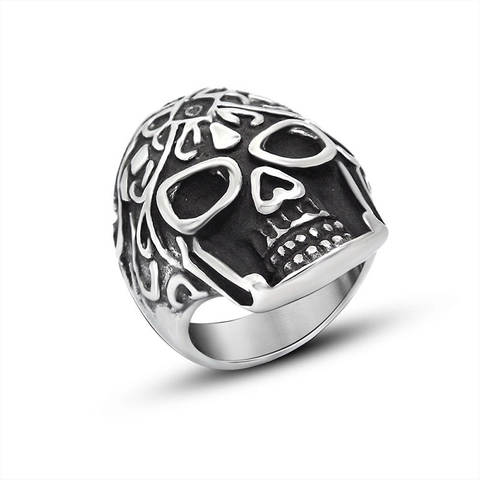 Vintage Punk Stainless Steel Skull Ring For Men Gothic Carved Floral Pattern Rock Biker Jewelry Retro Silver Ring