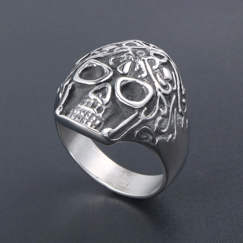 Vintage Punk Stainless Steel Skull Ring For Men Gothic Carved Floral Pattern Rock Biker Jewelry Retro Silver Ring