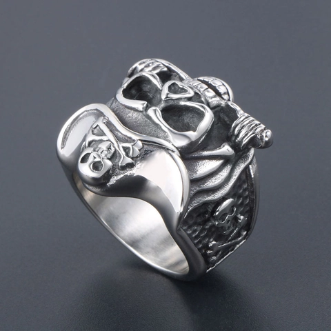 Vintage Pirate Skull Ring For Men Titanium Steel Punk Gothic Skeleton Ring Gritting Teeth Pirate Hat Band Jewelry Silver Tone