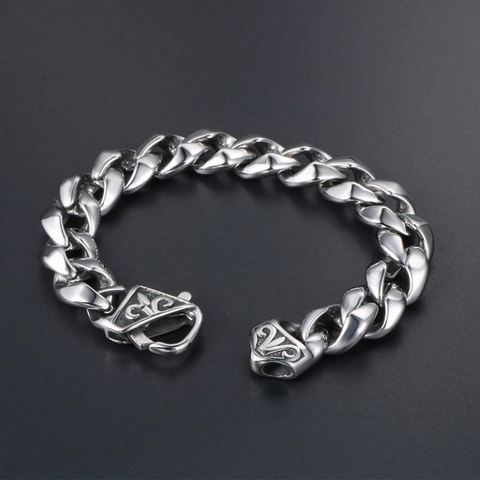 Men's Stainless Steel Cuban Link Bracelet Retro Fleur De Lis Clasp Gothic Hip Hop Punk Heavy Chain Bracelet Jewelry Gift