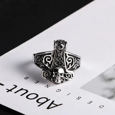 Vintage Viking Thor Hammer Skull Ring For Men Titanium Steel Punk Hip Hop Ring Gothic Mjolnir Biker Jewelry Halloween Gift