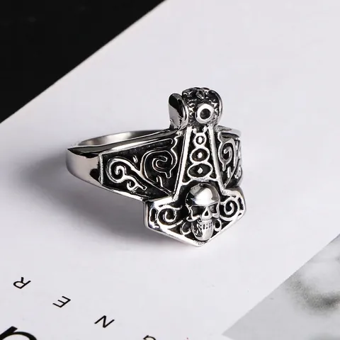 Vintage Viking Thor Hammer Skull Ring For Men Titanium Steel Punk Hip Hop Ring Gothic Mjolnir Biker Jewelry Halloween Gift