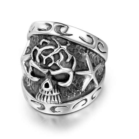 Retro Stainless Steel Skeleton Ring For Men Vintage Gothic Sea Star Embossed Punk Band Jewelry Silver Biker Accessory