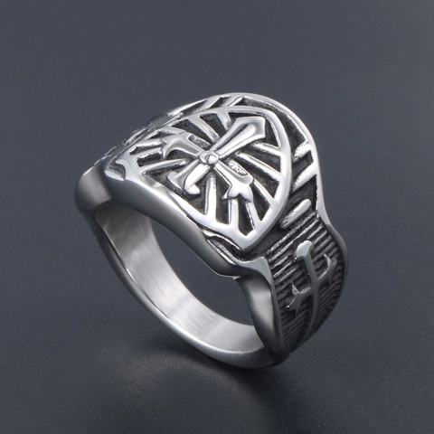 Vintage Herren Titanstahl Kreuz Schild Ring Retro Polierter Gothischer Religiöser Siegelring Für Herren Modeschmuck