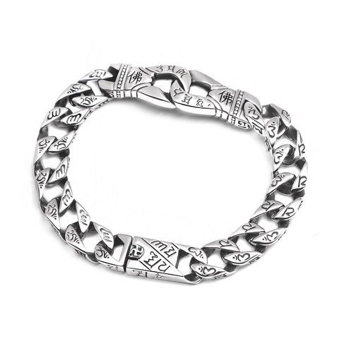 Bracciale Buddha Mantra in Acciaio al Titanio Retro Punk Maglia Cubana Religioso Anelli Intrecciati Gioielli da Uomo