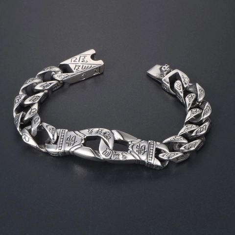 Bracciale Buddha Mantra in Acciaio al Titanio Retro Punk Maglia Cubana Religioso Anelli Intrecciati Gioielli da Uomo