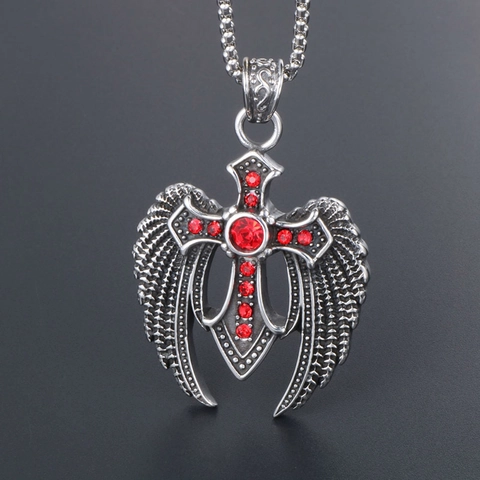 Gothic Stainless Steel Eagle Wings Cross Pendant Necklace With Red Rhinestone Inlaid Antique Silver Personalized Men Jewelry