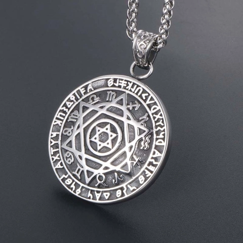Collar con Colgante de Estrella de Hexagrama de Acero Inoxidable Vintage para Hombre Signos del Zodiaco Runas Medalla Redonda Joyería