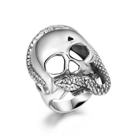 Gothic Skull And Snake Stainless Steel Ring For Men Retro Punk Rock Skeleton Serpent Biker Band Fashion Jewelry Accessory