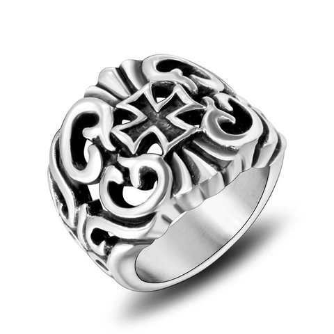 Anillo de Cruz de Acero Inoxidable Gótico Vintage para Hombre Patrón de Volutas Calado Punk Rock Biker Band Ring Joyería Religiosa Regalo