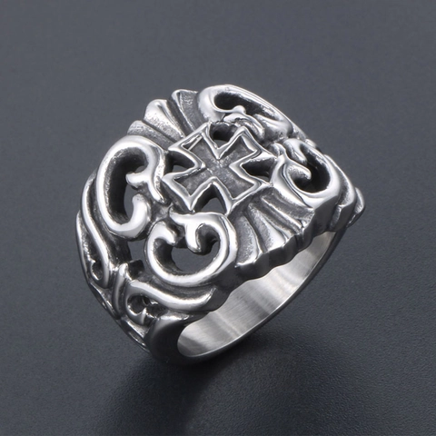 Anillo de Cruz de Acero Inoxidable Gótico Vintage para Hombre Patrón de Volutas Calado Punk Rock Biker Band Ring Joyería Religiosa Regalo