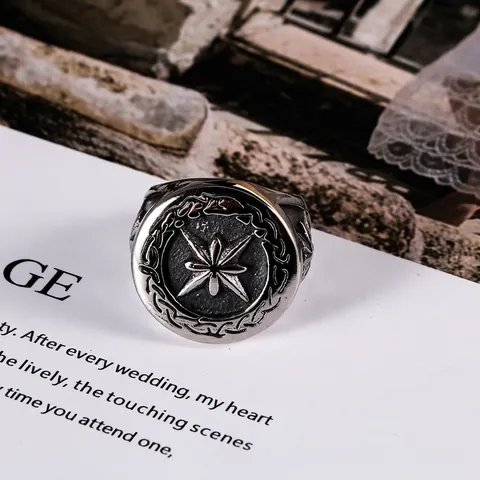 Vintage Stainless Steel Octagonal Star Signet Ring For Men Compass North Star Hip Hop Punk Biker Finger Jewelry Gift