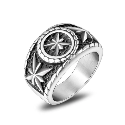 Vintage Stainless Steel Octagonal Star Ring For Men Punk Gothic Wide Band Compass Relief Finger Ring Distressed Jewelry