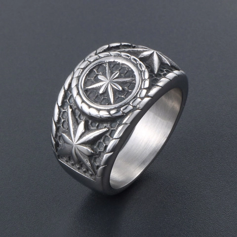 Vintage Stainless Steel Octagonal Star Ring For Men Punk Gothic Wide Band Compass Relief Finger Ring Distressed Jewelry