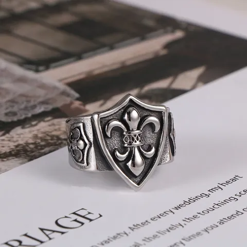 Anillo de Escudo Fleur-De-Lis de Acero Inoxidable Vintage para Hombre Anillo de Sello de Cruz Caballero Gótico Joyería Punk Biker Plata Antigua