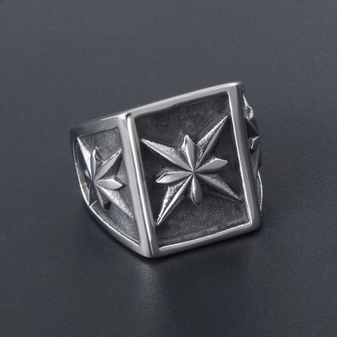 Anillo de Sello de Estrella de Brújula de Acero de Titanio Vintage para Hombre Retro Punk Geométrico Estrella de Ocho Puntas Anillo de Acero Inoxidable Joyería Regalo