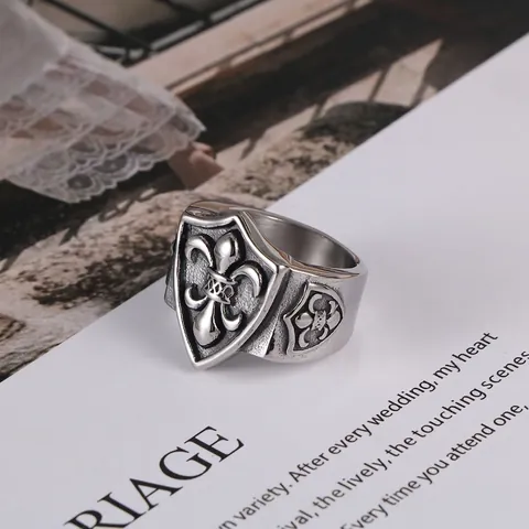 Anillo de Escudo Fleur-De-Lis de Acero Inoxidable Vintage para Hombre Anillo de Sello de Cruz Caballero Gótico Joyería Punk Biker Plata Antigua