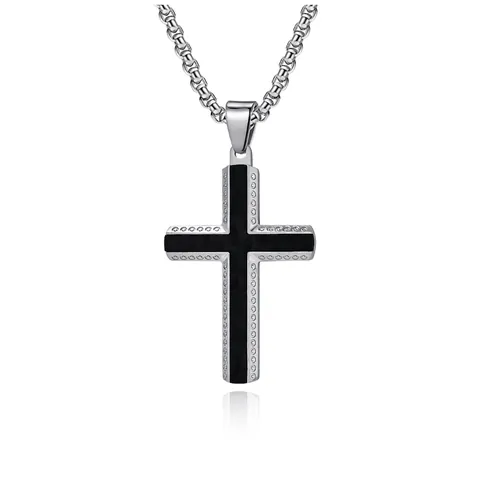 Collana con Pendente a Croce in Acciaio Inossidabile e Fibra di Carbonio da Uomo Bordo Smussato Gioielli Religiosi Regalo per Lui