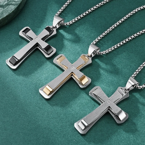 Collar de Colgante de Cruz de Acero Inoxidable para Hombre Con Diamantes de Imitación Galvanoplastia Doble Color Joyería Religiosa