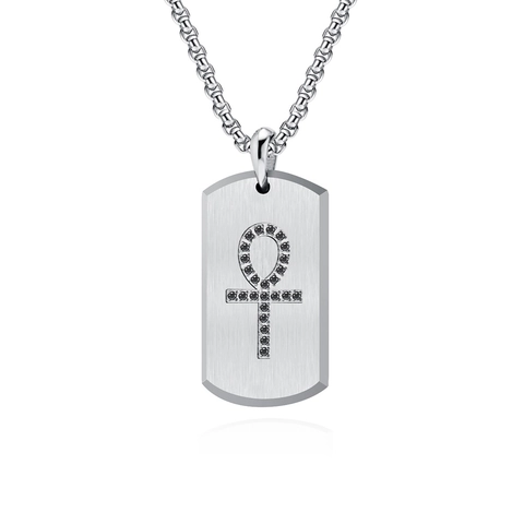 Collana con Pendente a Croce Ankh in Acciaio Inossidabile per Uomo con Strass Hip Hop Gioielli Egiziani Dog Tag Metallo Spazzolato