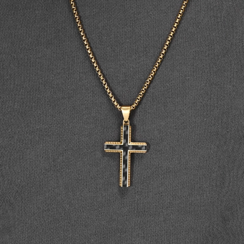 Collana con Pendente a Croce in Acciaio Inossidabile e Fibra di Carbonio da Uomo Bordo Smussato Gioielli Religiosi Regalo per Lui