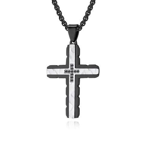 Collier Pendentif Croix En Acier Inoxydable Pour Hommes Texture Martelée Strass Incrusté Bijoux Punk Religieux Charme Bicolore
