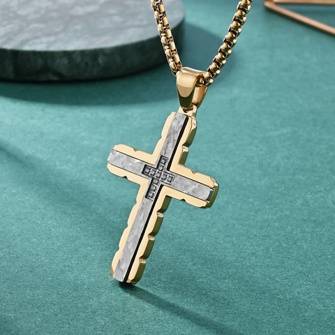 Collier Pendentif Croix En Acier Inoxydable Pour Hommes Texture Martelée Strass Incrusté Bijoux Punk Religieux Charme Bicolore