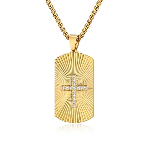 Collar con Colgante de Placa de Identificación de Cruz con Rayos de Sol de Acero Inoxidable Incrustado con Diamantes de Imitación